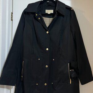 Michael Kors Women's Rain Trench Coat with belt, Water Resistant, Black/Gold